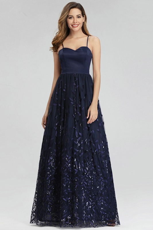 Gorgeous Navy Blue Spaghetti-Straps Evening Gowns Long Sweetheart Prom Dress With Leaves Embelishments - lulusllly