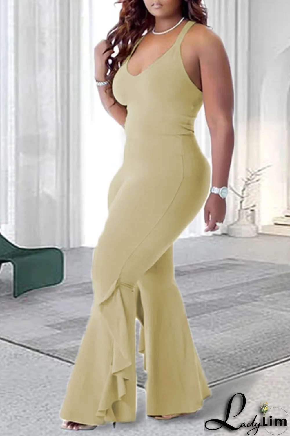 Tangerine Red Casual Solid Patchwork Flounce V Neck Plus Size Jumpsuits