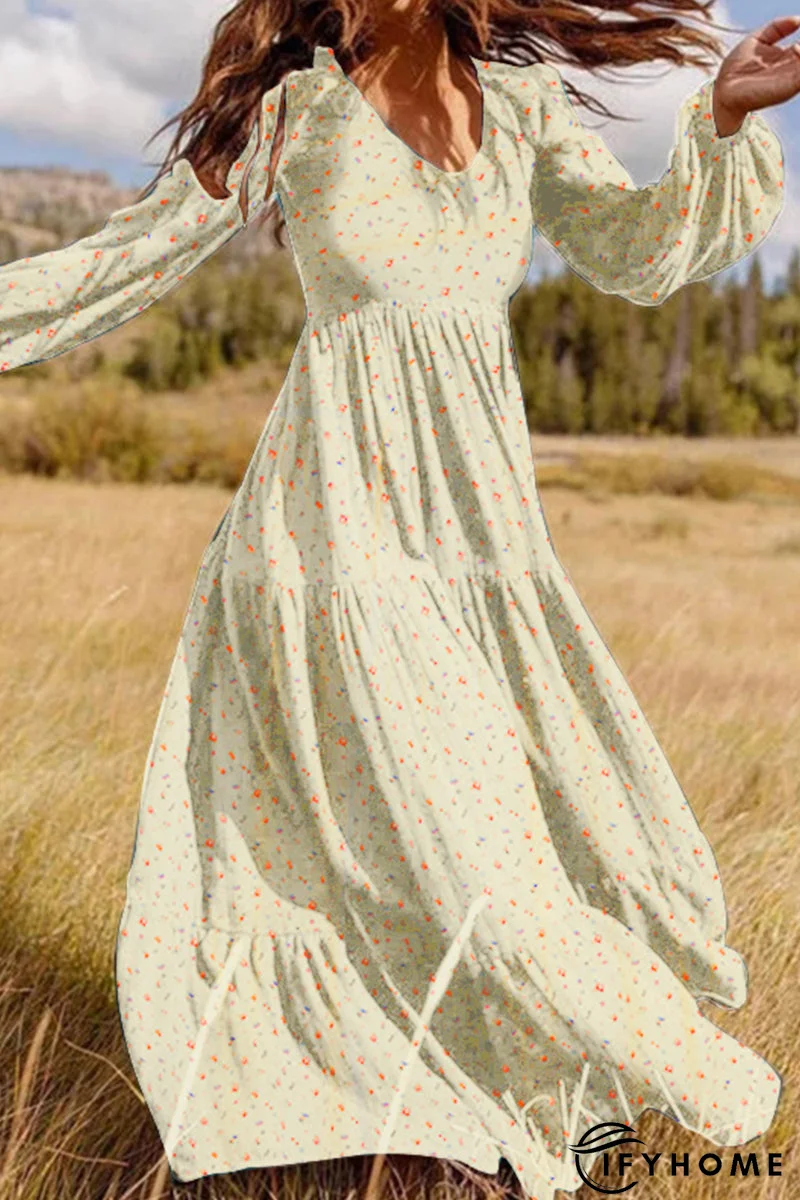 Elegant Floral Patchwork V Neck Printed Dress Dresses | IFYHOME