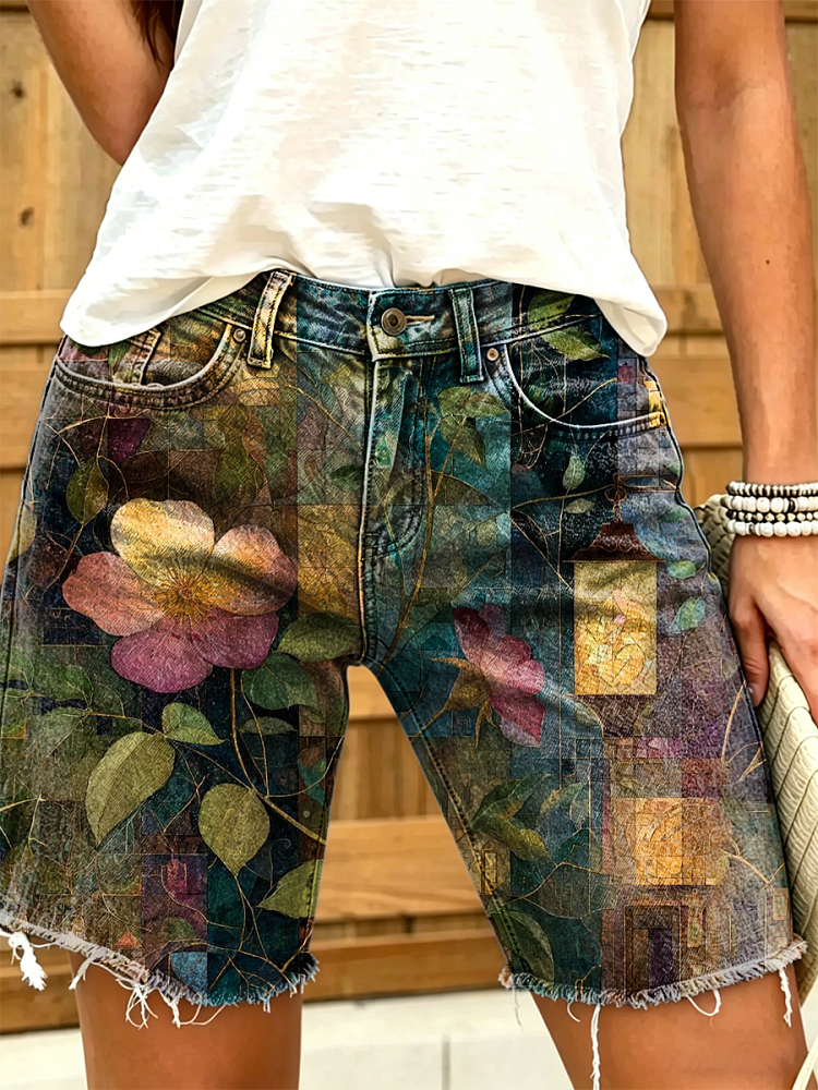 Women's Retro Floral Art Print Casual Washed Cotton Denim Shorts
