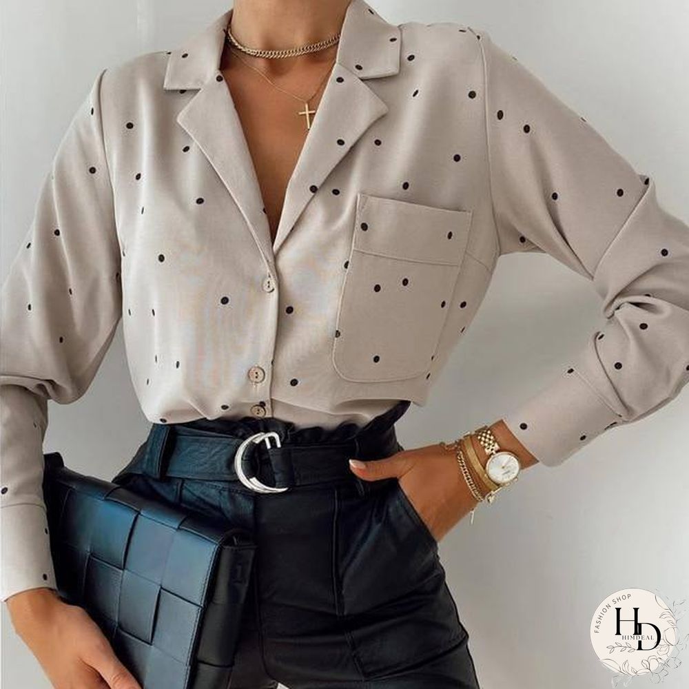 Pockets Polka Dot Printed Casual Women Blouse Ladies Long Sleeve Turn Down Collar Office Work Fashion Autumn Tops