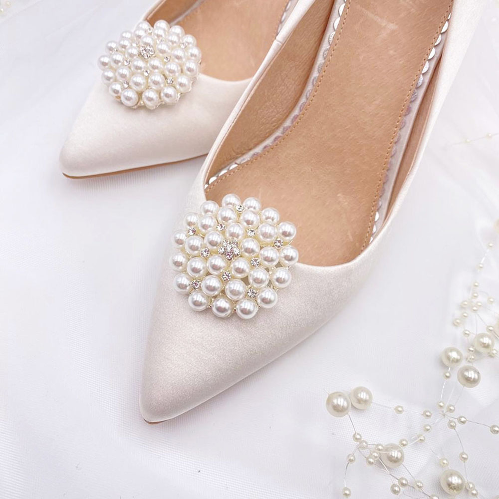 Ivory Satin Pointed Toe Kitten Heel Pearl Embellished Wedding Pumps Nicepairs