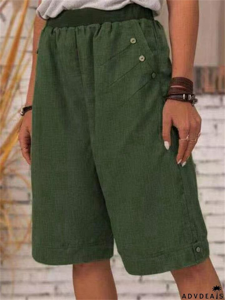 Loose Button-Decorated Elastic Waist Straight Linen Shorts