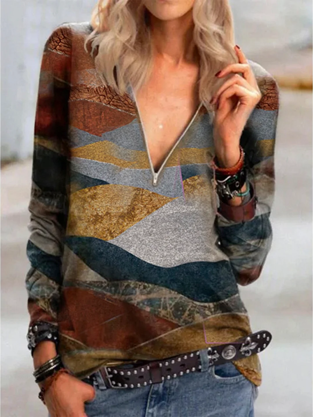 Casual Long Sleeve Abstract Tunic Top