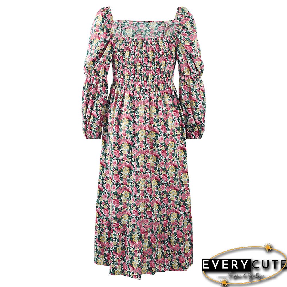 Red Square Collar Swing Floral Dress