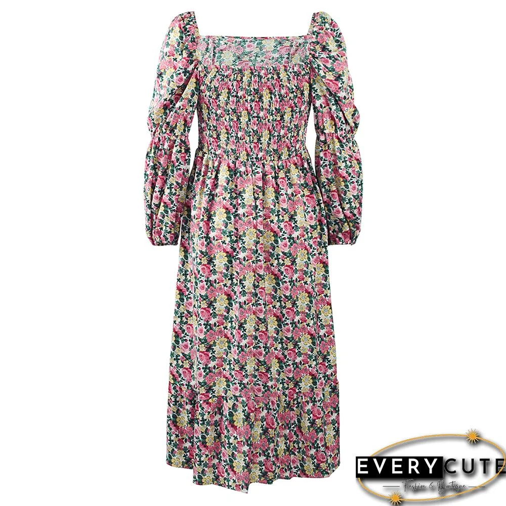 Red Square Collar Swing Floral Dress