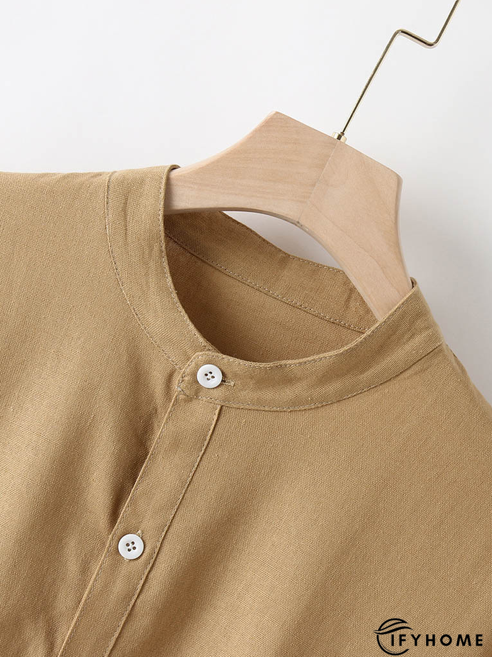 Men's Cotton Linen Style Half Placket Stand Collar Short Sleeve Shirt | IFYHOME