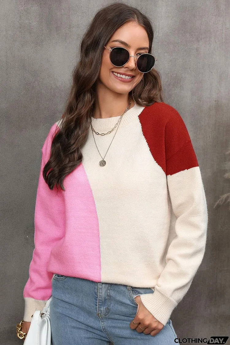 Color Block Ribbed Cuff Drop Shoulder Sweater