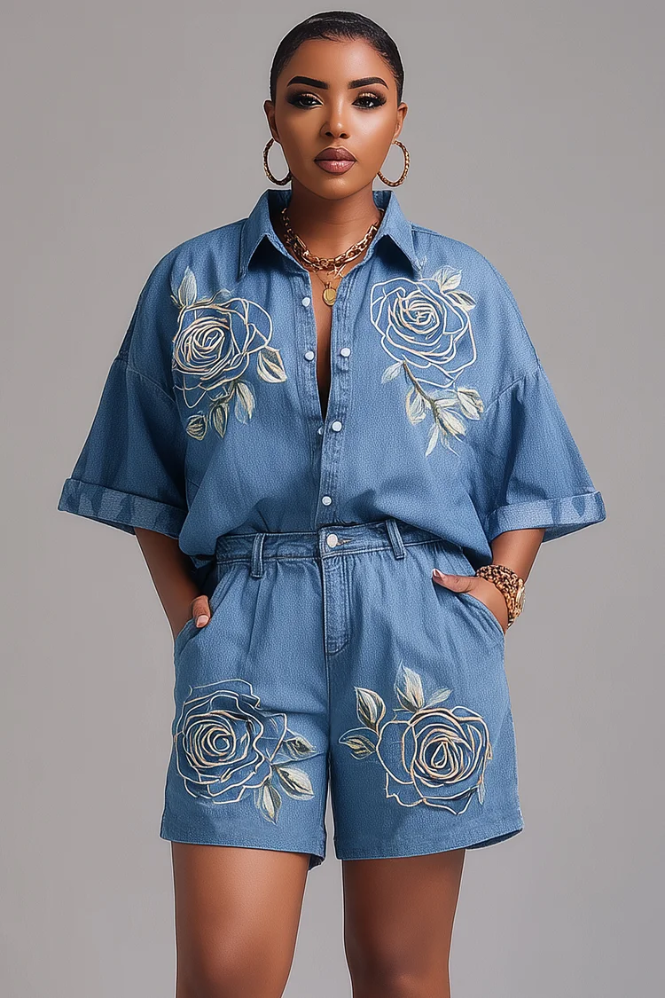 Xpluswear Design Plus Size Daily Casual Blue Floral Shirt Collar Short Sleeve Pocket Two Piece Short Sets [Pre-Order] 2024 - Xpluswear