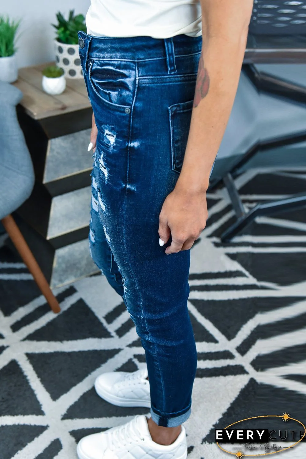 Mid Waist Ripped Skinny Jeans