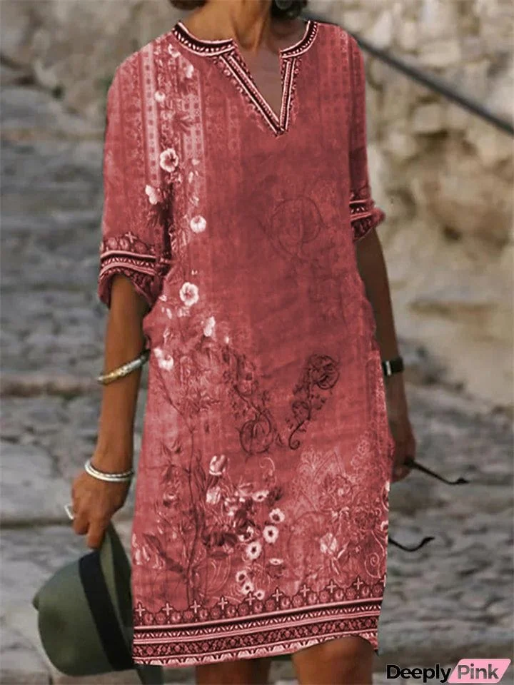 Ethnic Style V Neck Half Sleeve Retro Floral Dress for Women