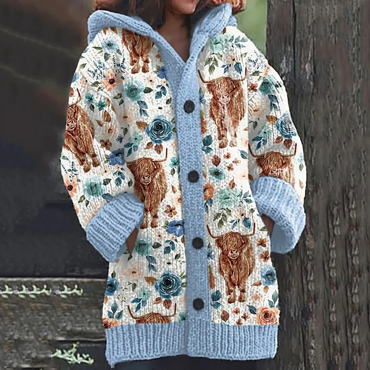 Comstylish Cute Highland Cattle & Flowers Print Hooded Sweater Cardigan
