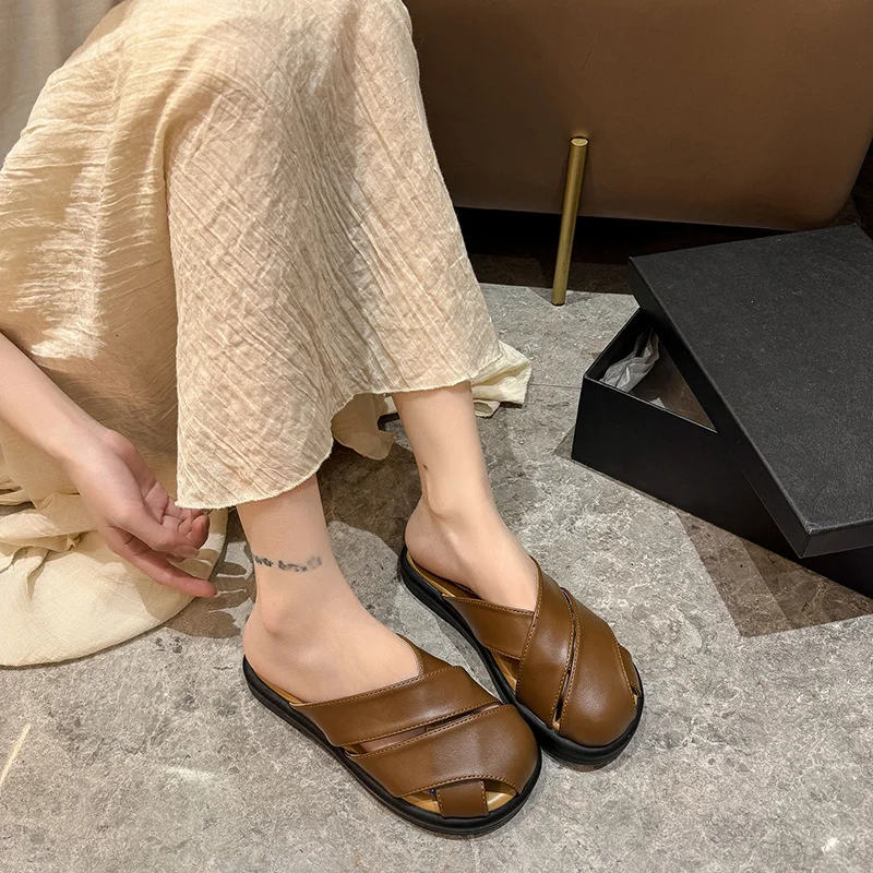 Yyvonne Bag Head Half Slippers Women Wear 2025 New Flat Bottom One Foot Lazy Pregnant Women High-Level Cold Slippers