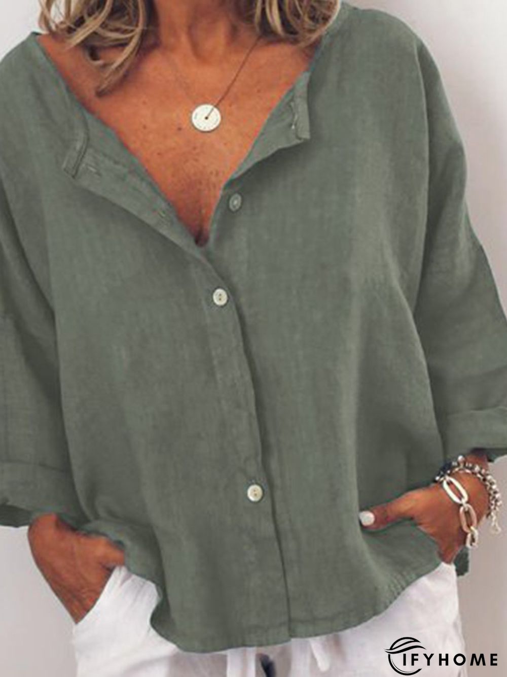 Women Casual Solid V Neck Cotton Long Sleeve Buttoned Tunic Top | IFYHOME