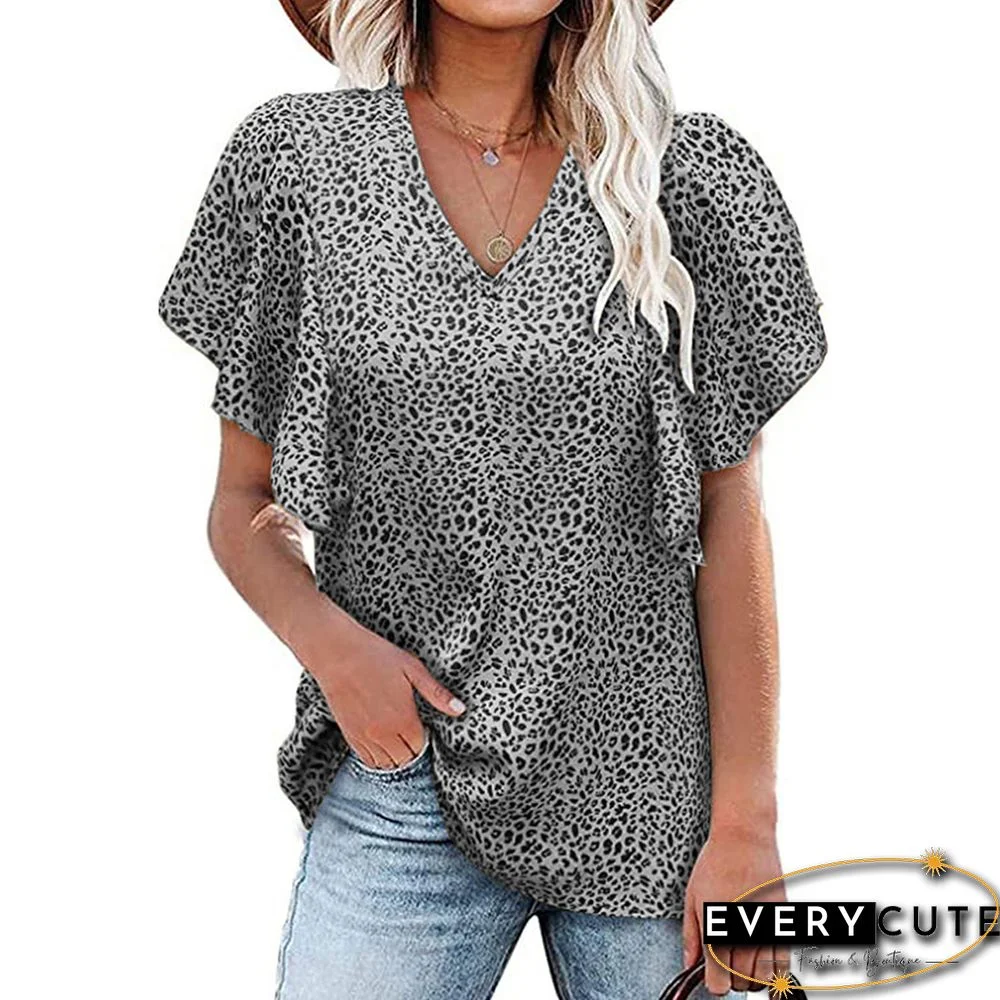 Gray V Neck Floral Print Ruffle Short Sleeve Tops