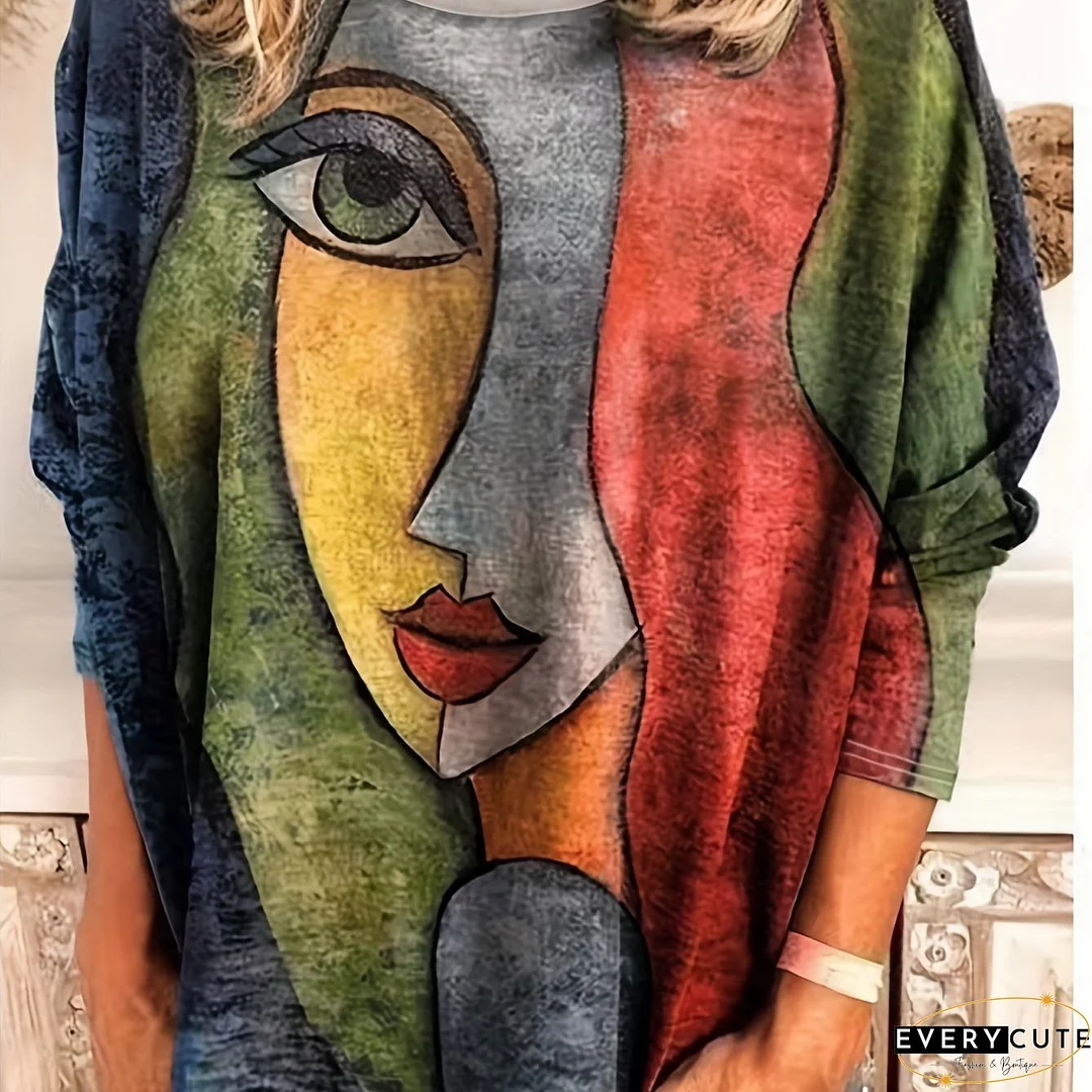 Plus Size Casual T-shirt, Women's Plus Abstract Print Long Sleeve Round Neck Medium Stretch T-shirt