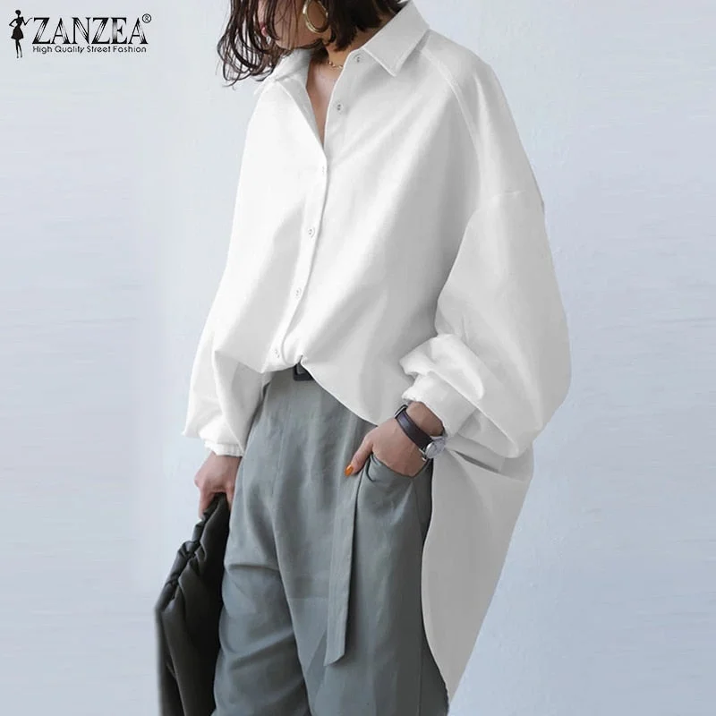 Fashion Women Oversized Long Sleeve Shirt ZANZEA Spring Lapel Neck Buttons Down Loose Tops Tunic Casual Work Blusas Solid Shirts