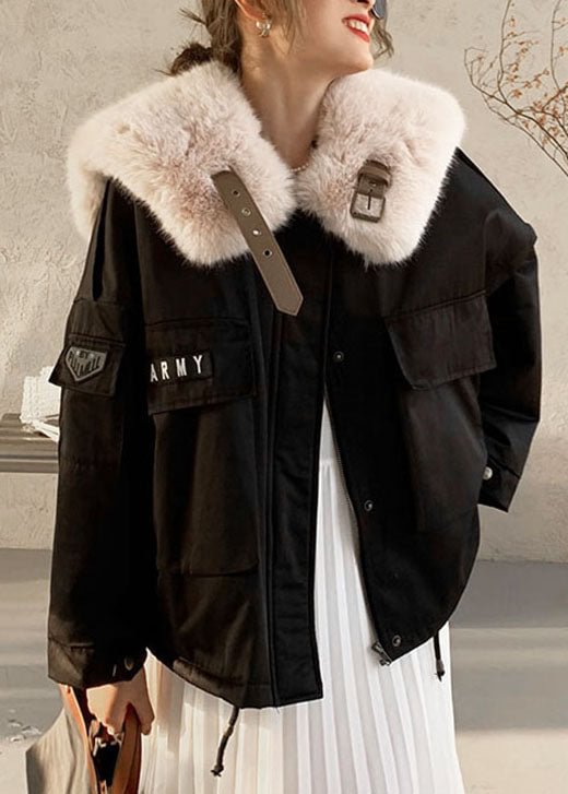 Fashion Black Fox collar Zip Up Fine Cotton Filled Puffers Jackets Winter