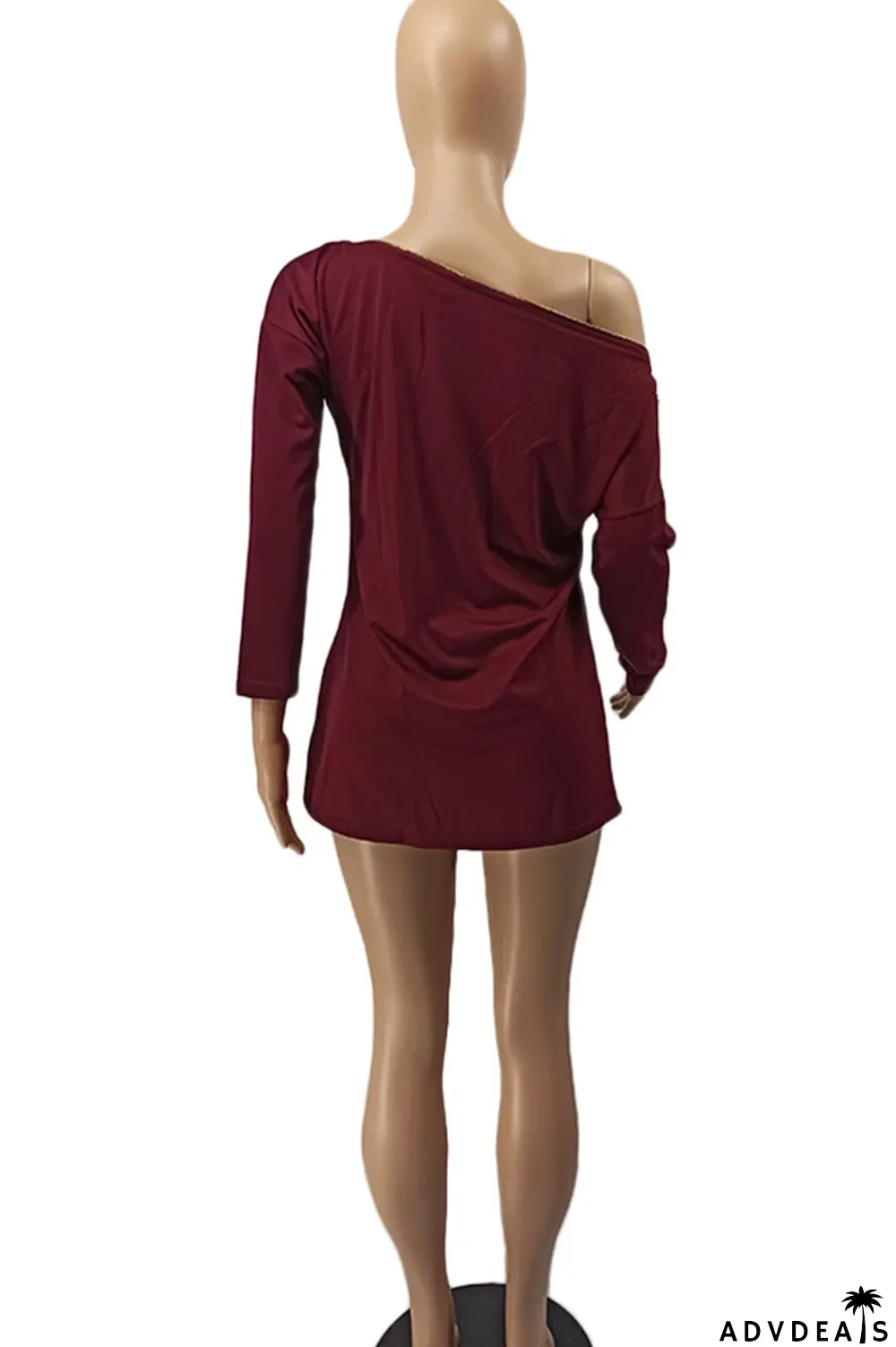 Burgundy Casual Solid Split Joint Asymmetrical Zipper Zipper Collar Tops