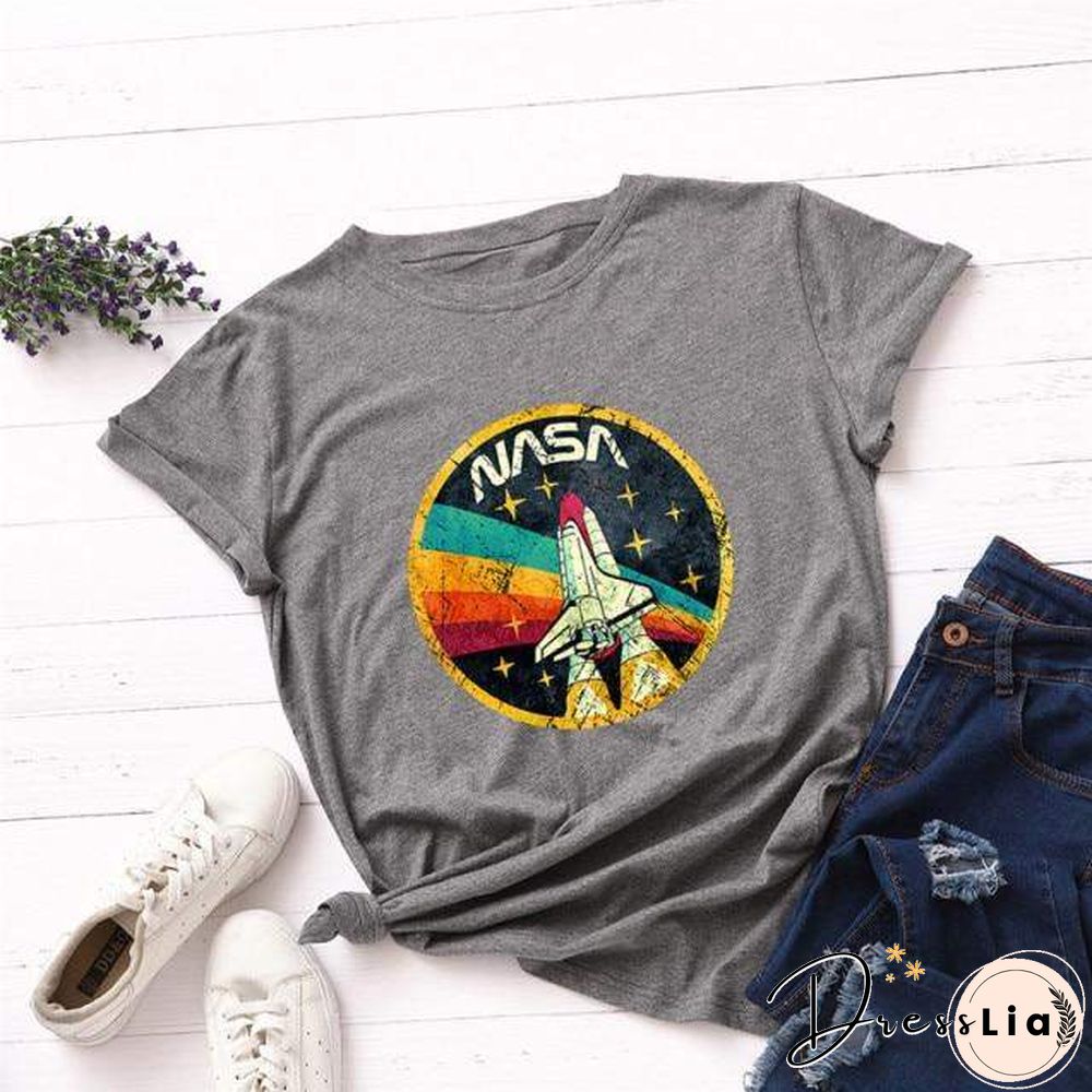 Summer Plus Size Shirt S-5XL New ROCKET Print TShirt Women 100%Cotton O Neck Short Sleeve Tees Casual Tops Woman TShirts