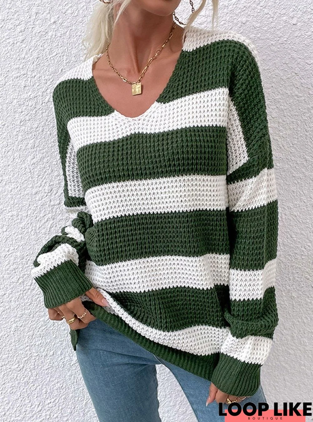 Casual Stripe Waffle V-Neck Sweater Women