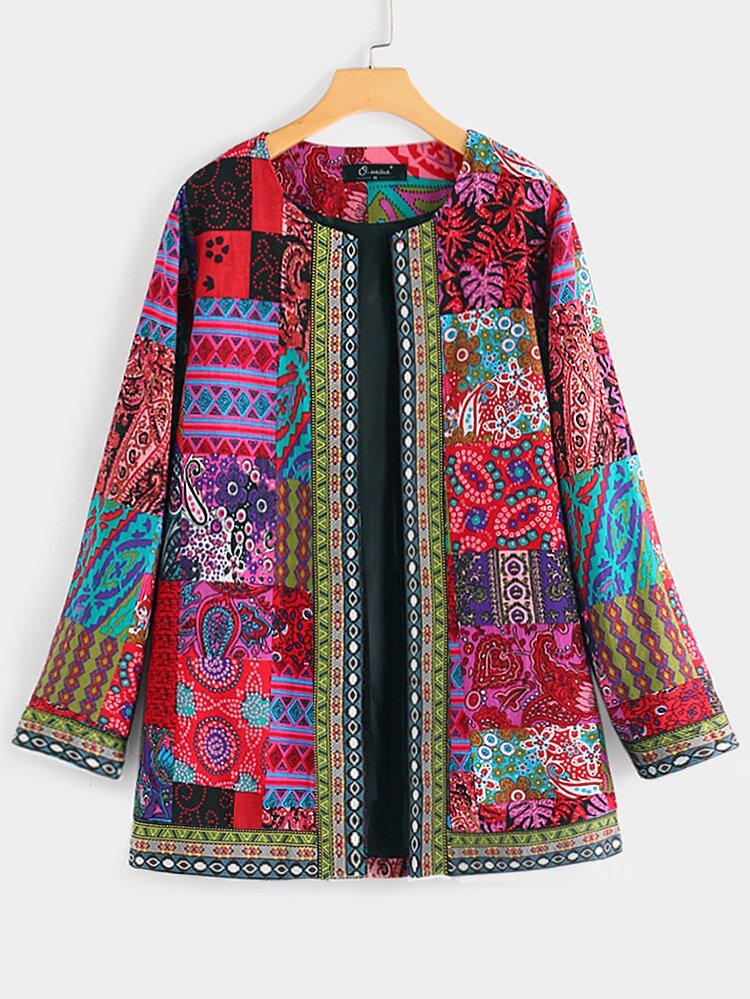 Ethnic Print Coats And Jackets Women Autumn Long Sleeve Plus Size Cotton Linen Loose Ladies Tops Oversized Cardigan Outerwear