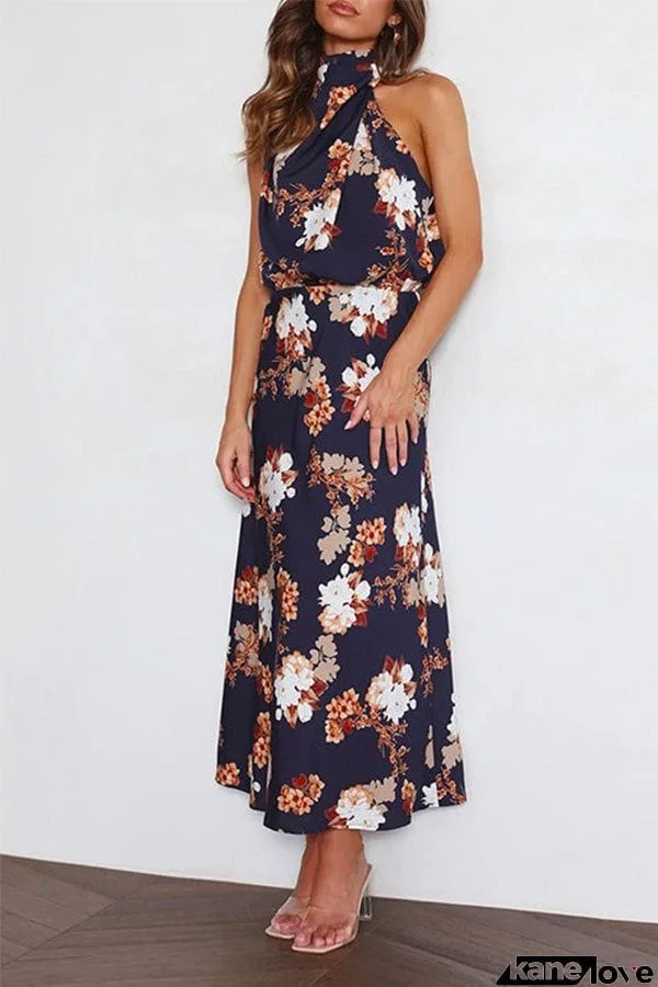 Halter Sleeveless Waisted Printed Holiday Dress