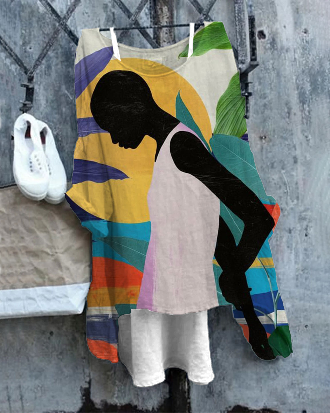 Women's Vintage Colorful Black Girl Painting Print Linen Blend Flowy Tunic