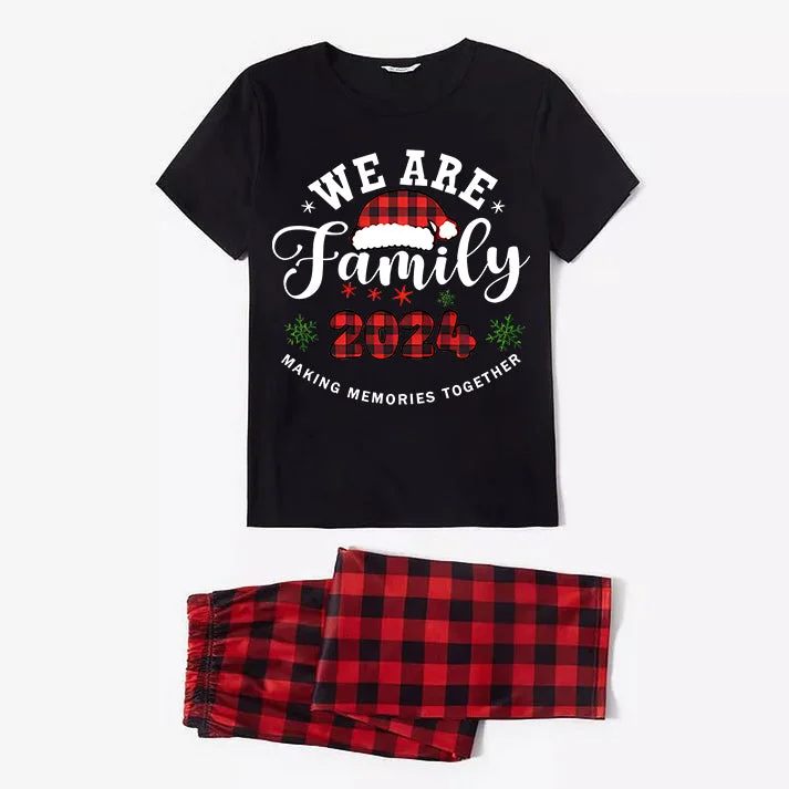 "We are Family" Santa Hat Monogram Print Letter Black Short Sleeve with Red & Black Plaid Pant Family Matching Pajamas
