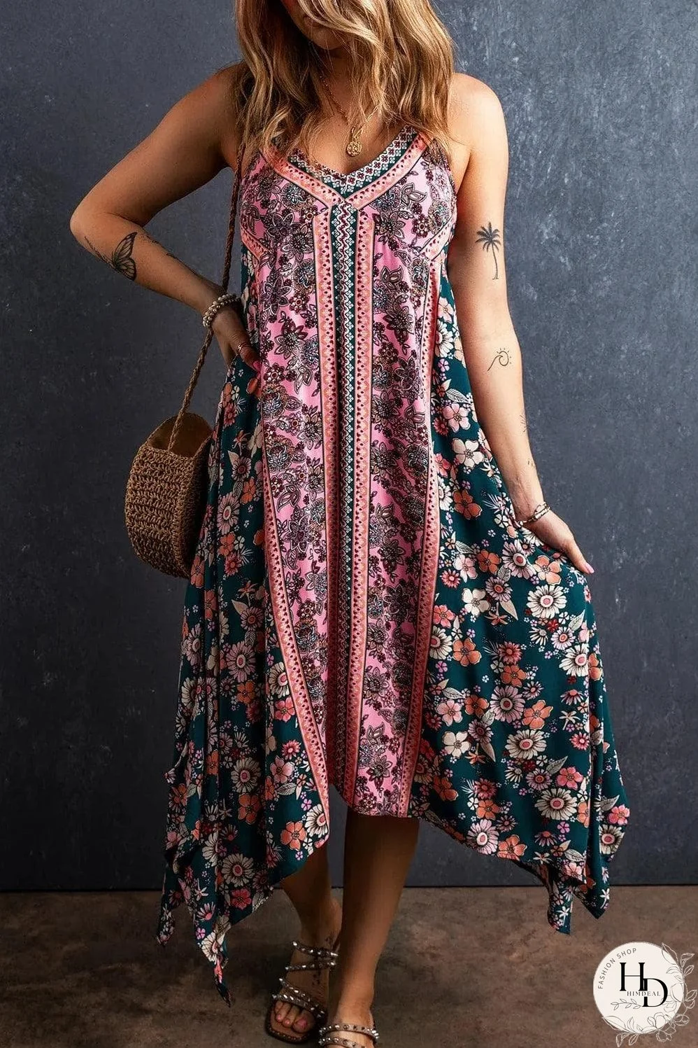 Pink Bohemian Floral Patchwork Print Long Sundress