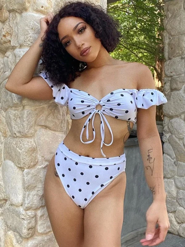 Off-The-Shoulder Polka-Dot Bralette High-Waisted Bikini Swimwear