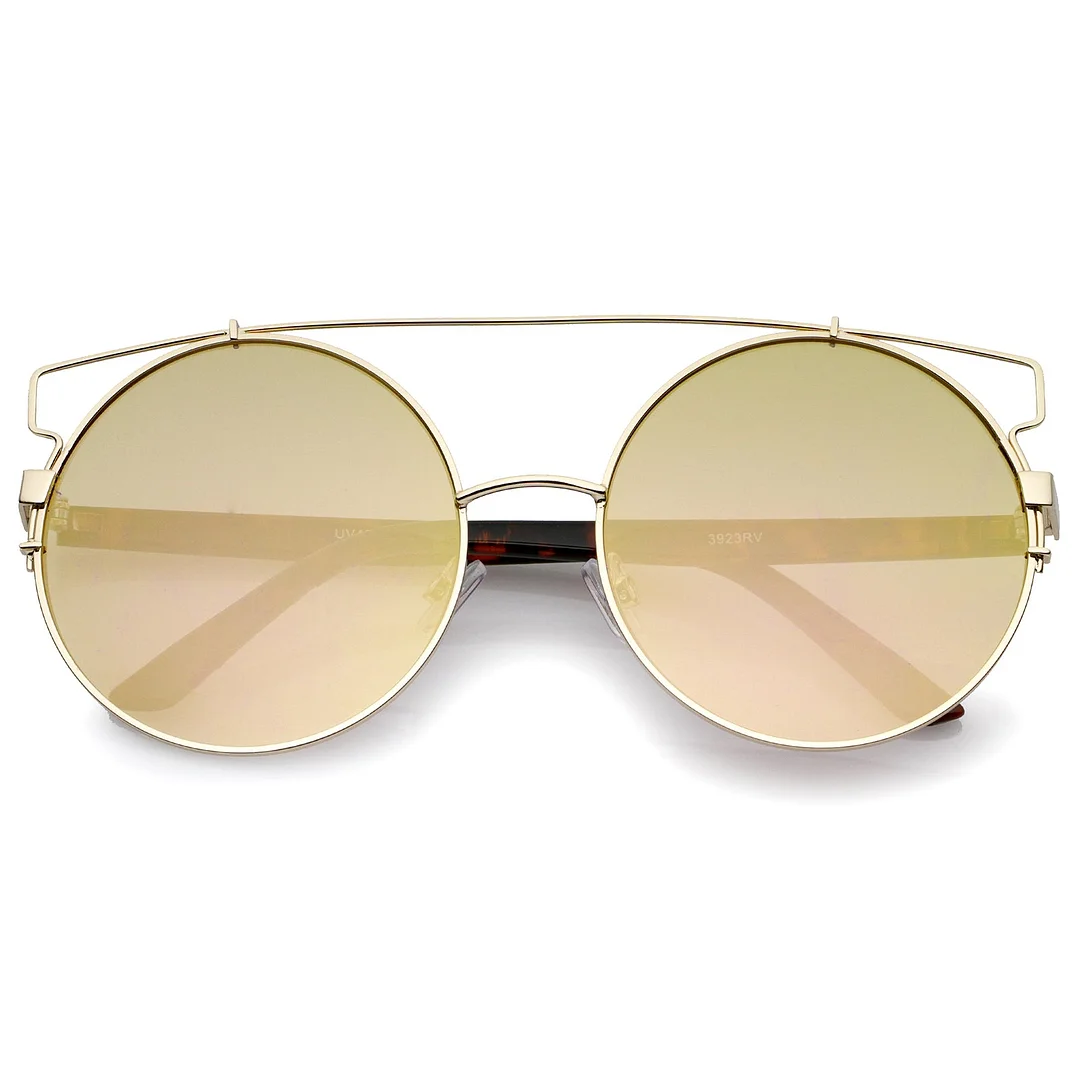 Oversize Metal Frame Horn Rimmed Crossbar Mirror Flat Lens Round glasses 62mm