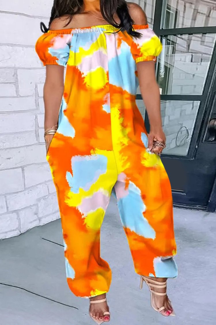 Xpluswear Plus Size Casual Tie Dye Off The Shoulder Puff Sleeves With Pockets Jumpsuit