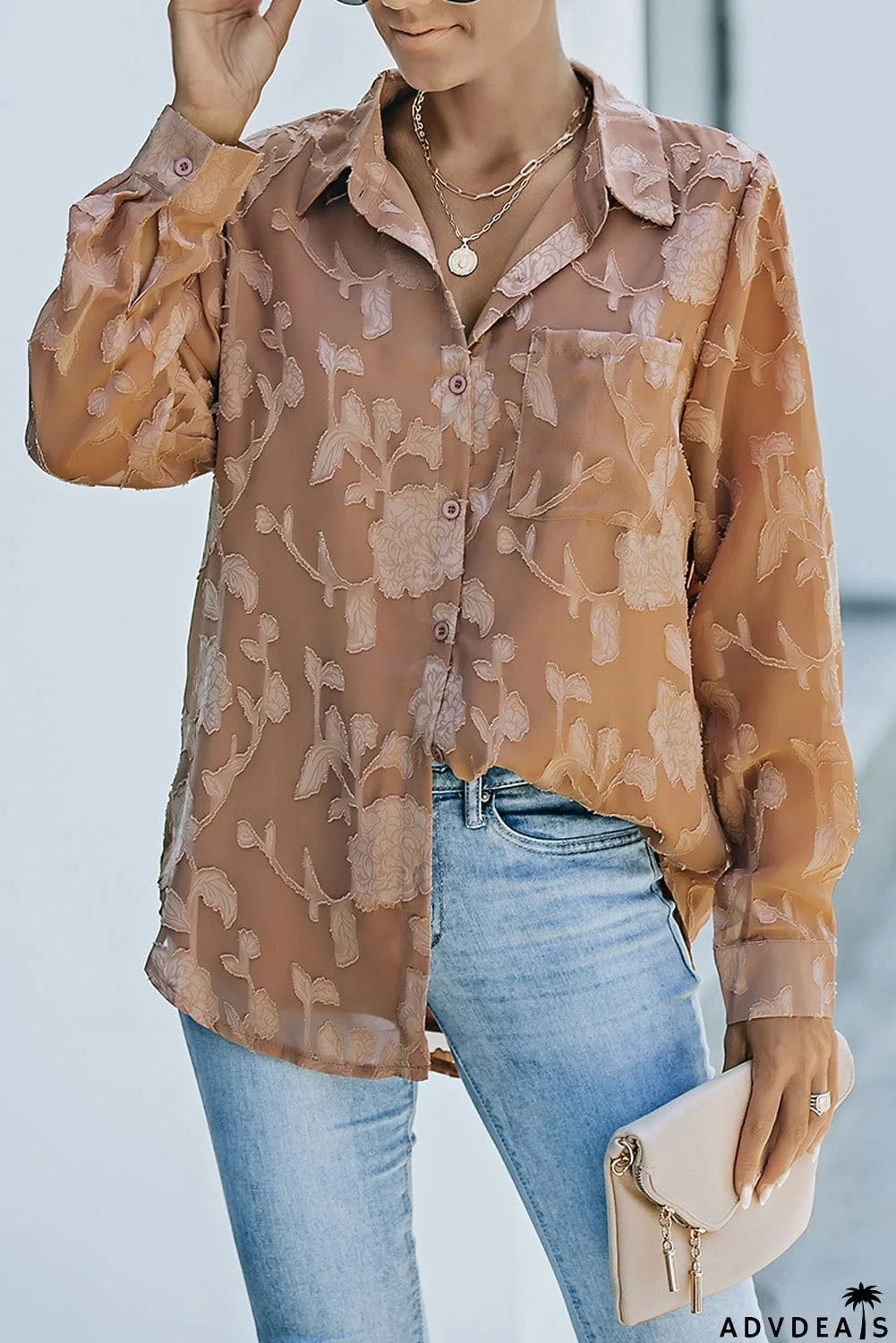Brown Collared Neck Floral Textured Shirt