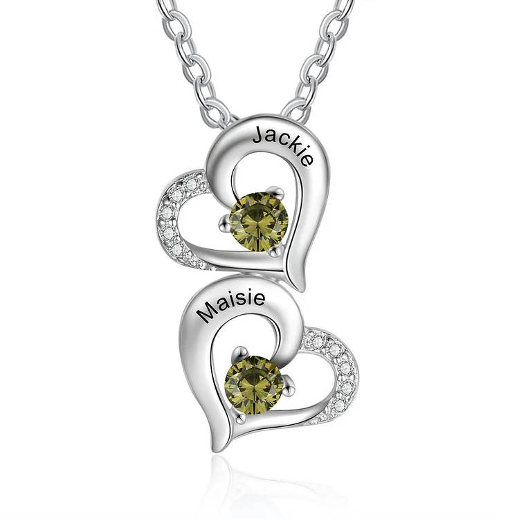August Birthday Gift Personalized Heart peridot Birthstone Necklace Custom 2 Names for Family