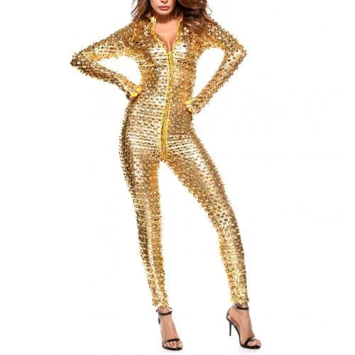 Women Mesh Hole Zipper Faux Patent Leather Tight Jumpsuit Nightclub Bodysuit faux patent leather and one-piece jumpsuit design