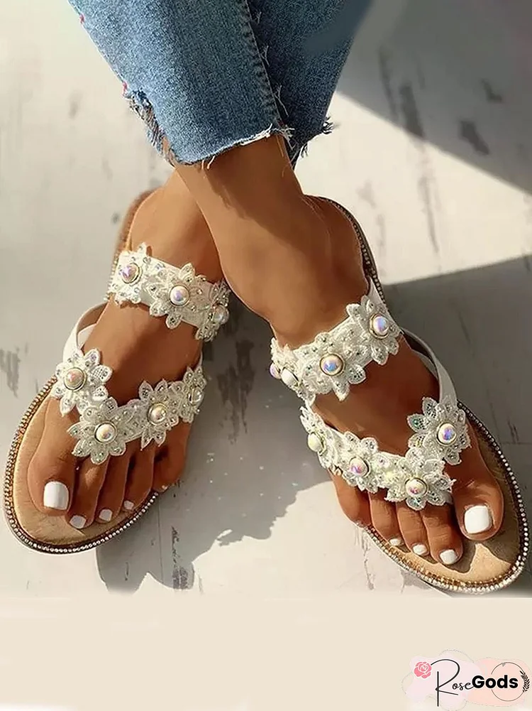 Women's Bohemian Pearl Floral Plus Size Slipper Sandals