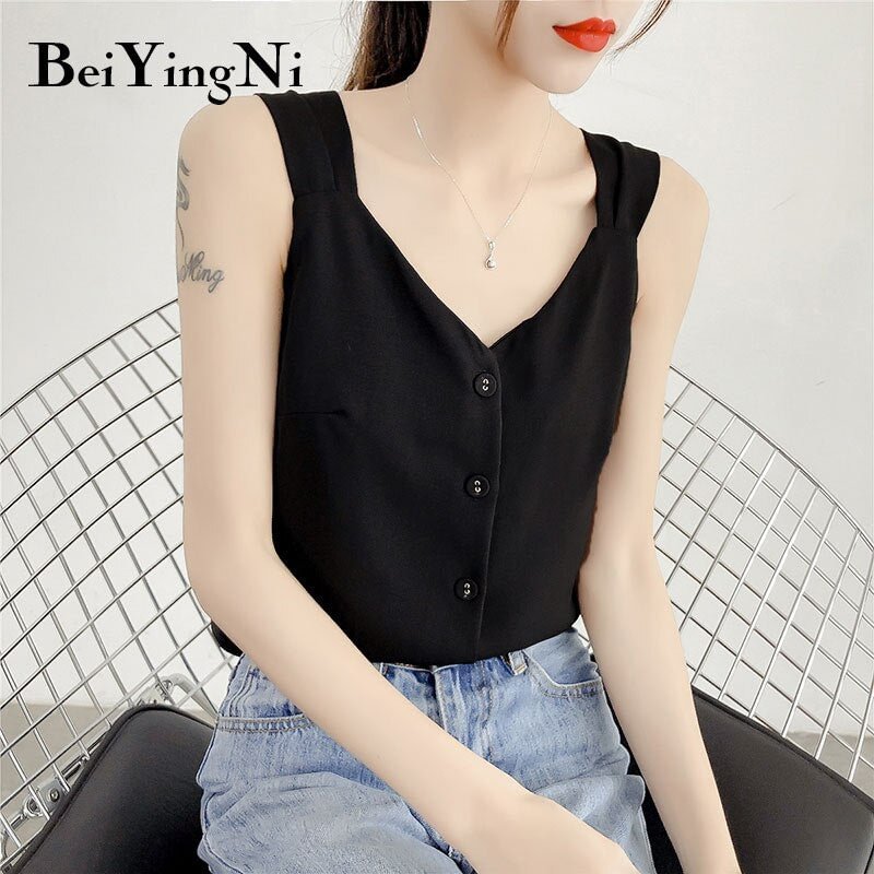 Beiyingni Chiffon Fresh Single-breasted Female Tops Sexy Korean All-match Top Tank 2019 Vintage Sleeveless Camis Blouse Tee Lady