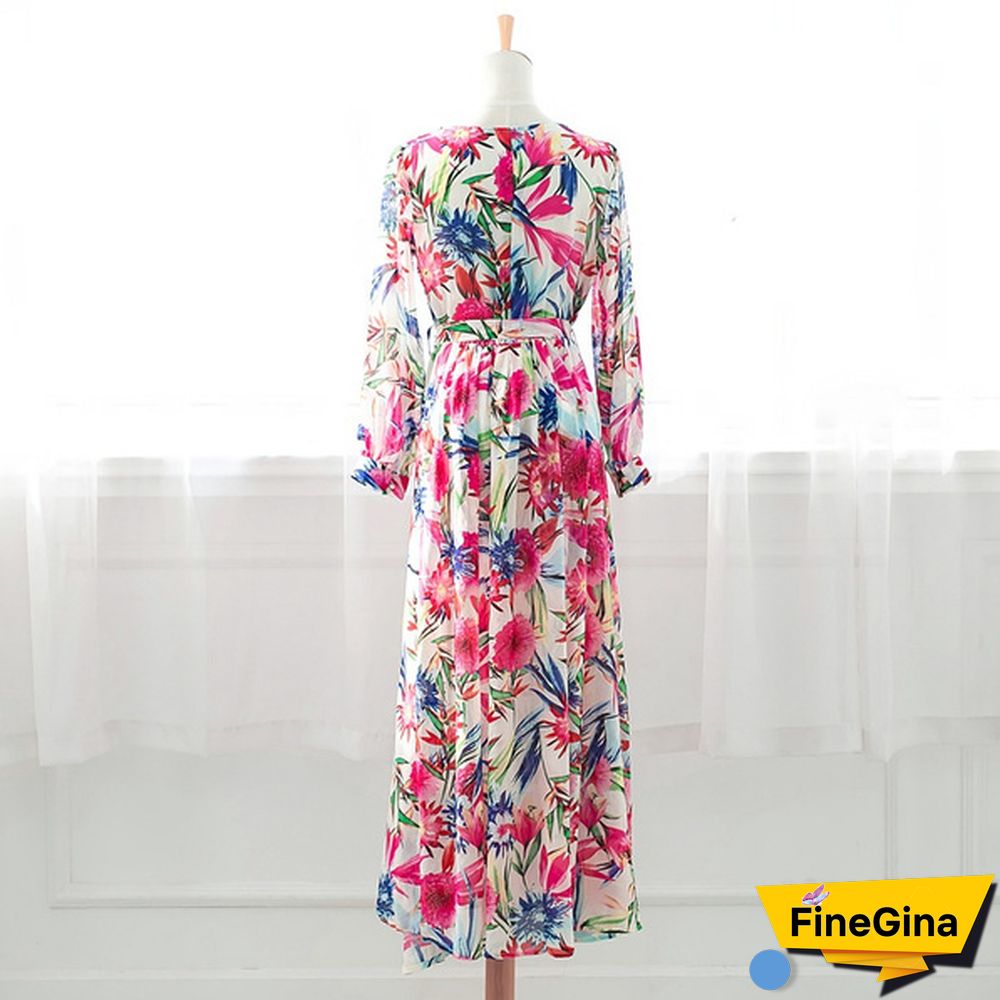 Green Purple Tropical Beach Vintage Maxi Dresses Long Sleeve Dress Boho Casual V Neck Belt Lace Up Tunic Plus Size Dress