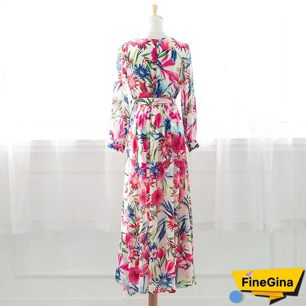 Green Purple Tropical Beach Vintage Maxi Dresses Long Sleeve Dress Boho Casual V Neck Belt Lace Up Tunic Plus Size Dress