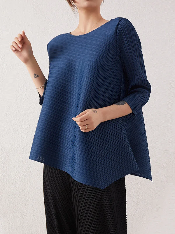 Simple Three-Quarter Sleeves Loose Pleated Solid Color Round-Neck T-Shirts Tops