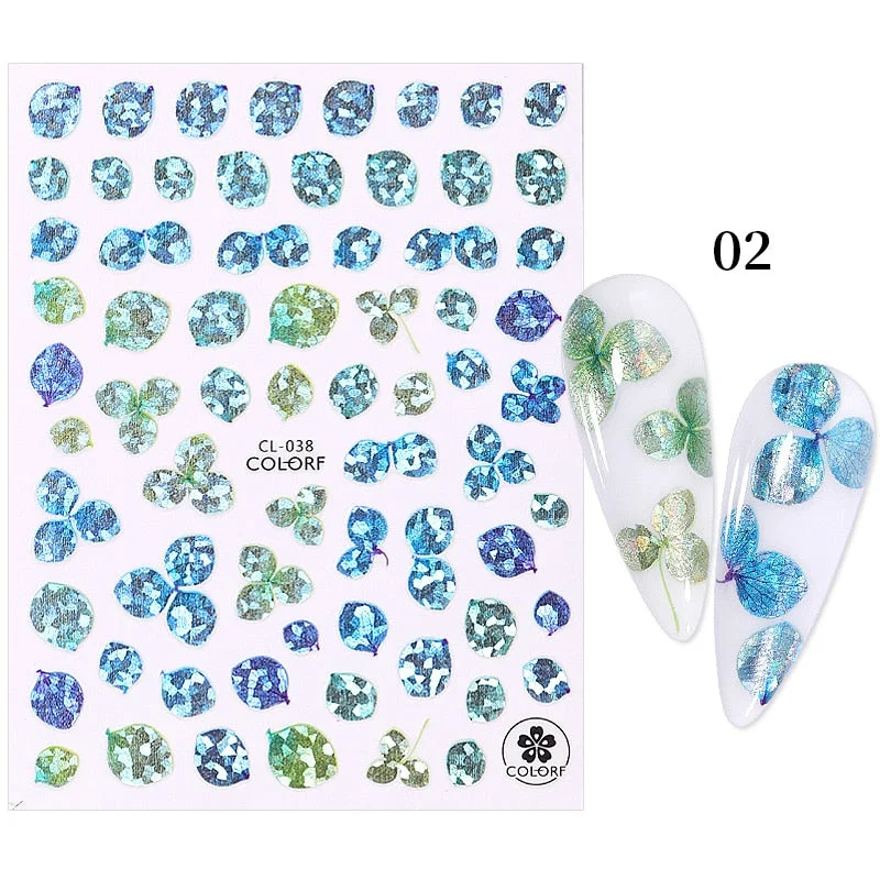 3D Nail Stickers Fan Leaf Dried Flower Shiny Sliders Nail Art Decorations Lucky Clover Fashion Foil Manicures