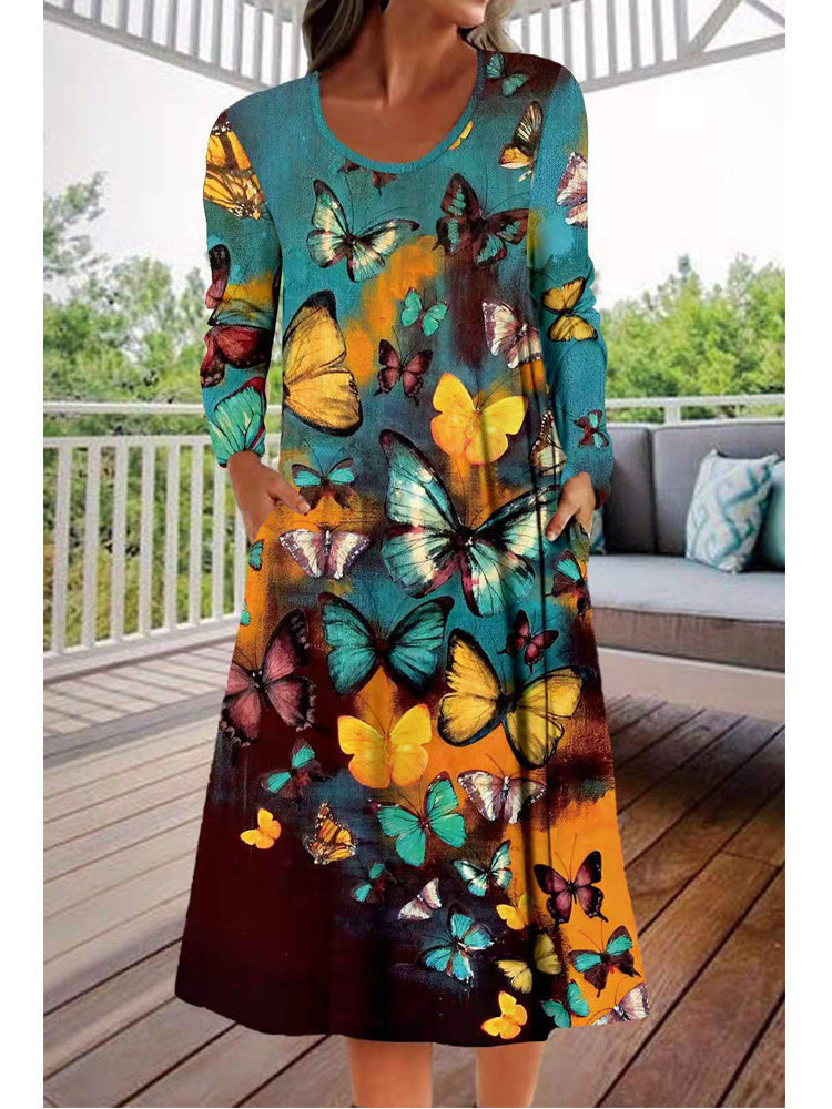 Women Long Sleeve Scoop Neck Animal Print Graphic Dress