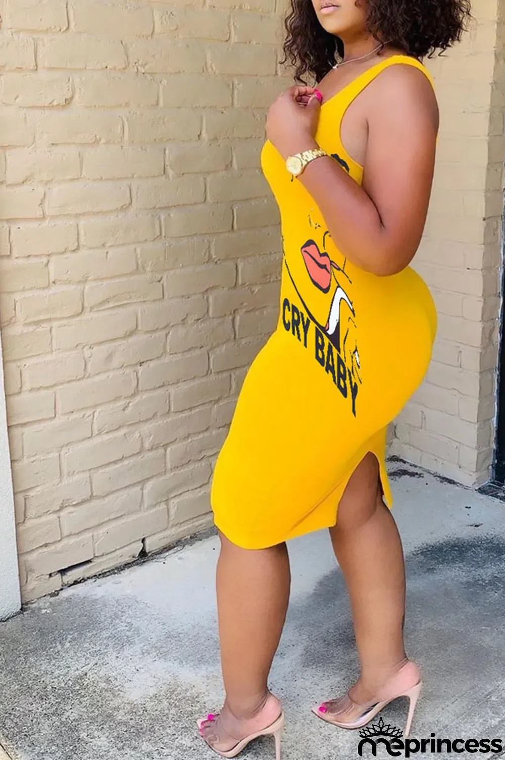 Pink Polyester Sexy White Green Pink Yellow Spaghetti Strap Sleeveless Slip Sheath Knee-Length Print Dresses