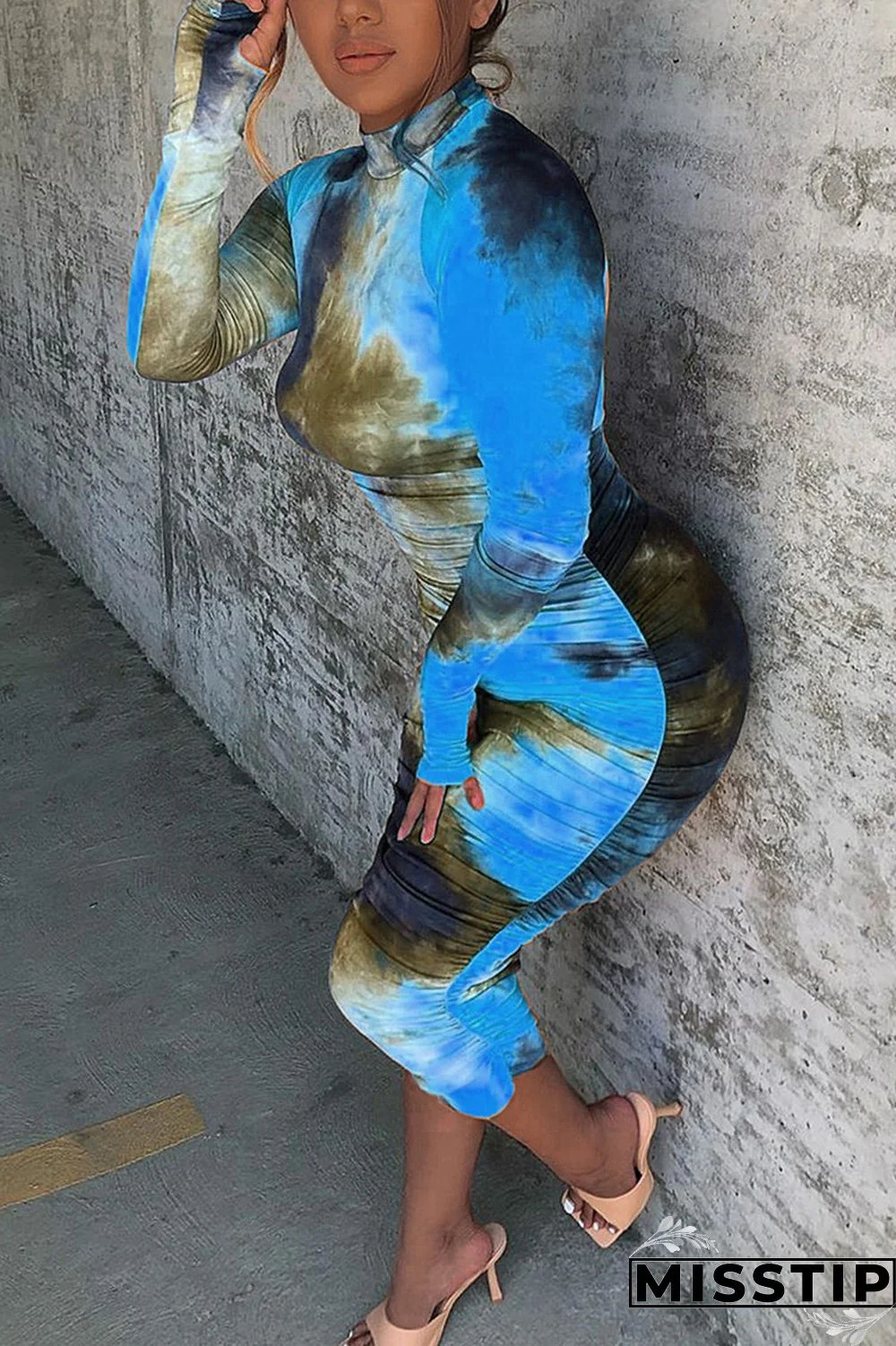 Blue Fashion Sexy Regular Sleeve Long Sleeve O Neck Printed Dress Mid Calf Print Dresses