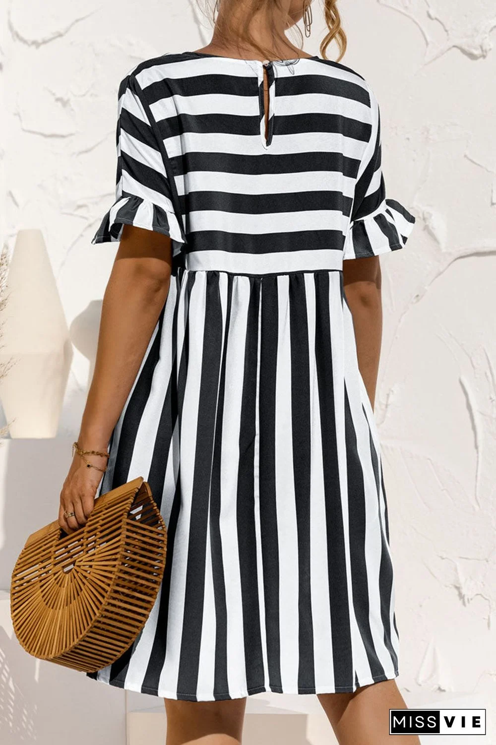 Fashion Casual Striped Split Joint O Neck A Line Dresses