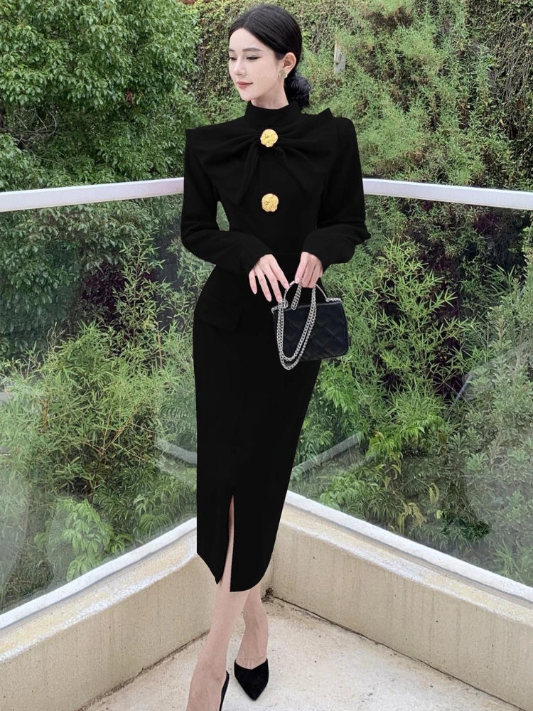 Aiertu Korea Retro Elegant Bow Stand Collar Single Breasted Dress A-line Long Sleeve Casual High Waist Dress Women Spring Autumn Dress Aiertu