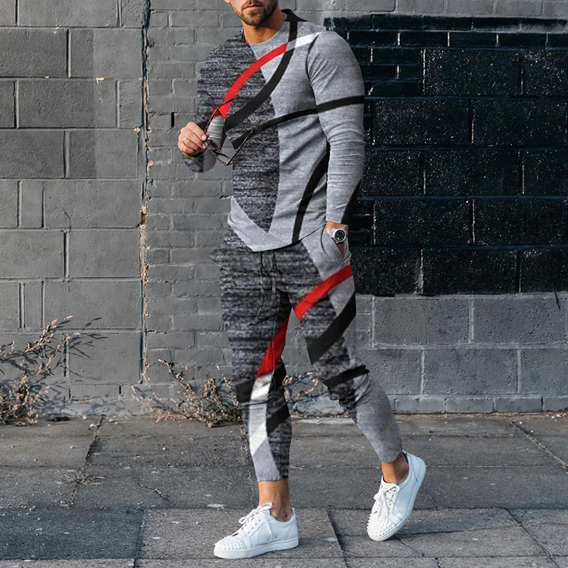 Men's Geometric Lines Long Sleeve T-Shirt And Pants Co-Ord