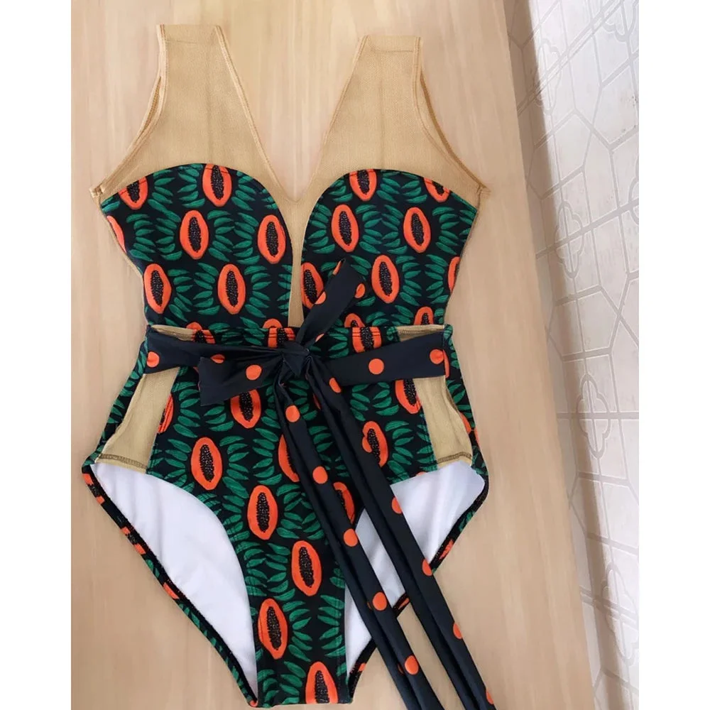 Huiketi Piece Swimsuit 2024 Sexy Mesh Swimwear Women Swimsuit Belt Beachwear Tie Dye Bathing Suit Printed Monokini Swim