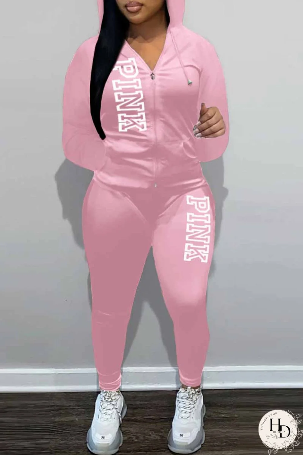 Pink Casual Print Letter Hooded Collar Long Sleeve Two Pieces